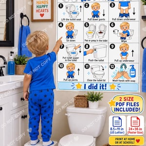 May include: A bathroom routine wall chart featuring twelve numbered steps with illustrations and text, including instructions like Lift the toilet seat, Pull down pants, and Wash hands with soap, with a bottom banner stating I did it! and size info.