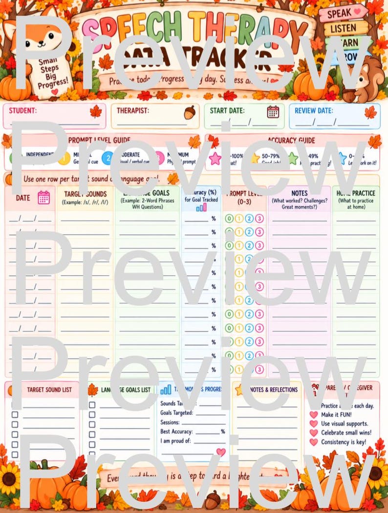 Fall Speech Therapy Data Tracker Printable, SLP Progress Monitoring ...