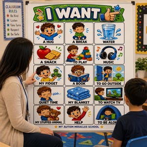 May include: A white communication board titled I WANT featuring a grid of fifteen colourful cartoon illustrations. Each square depicts a child with a specific need or activity, including a hug, break, water, snack, play, music, fidget, book, outside, quiet, blanket, TV, stuffed animal, help, and alone.
