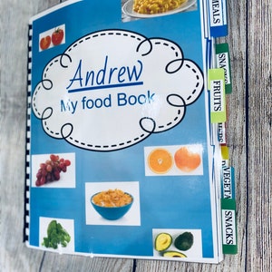 Voedseltherapie, grafieken, maaltijd fruit groenten keuzebord boek visuele hulp taakkaarten apraxie autisme non-verbaal, spraakdocent montessori