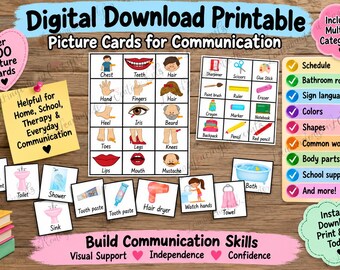 May include: A digital download printable set of picture cards for communication featuring over 300 cards. The cards display illustrations of body parts, school supplies, and daily hygiene items with text labels. Includes a list of categories.