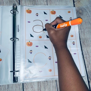 Letras de borrado en seco, aprende a escribir con tarjetas didácticas de escritura a mano con temática de Halloween para niños en edad preescolar, imprimible digital, libro de actividades tranquilo