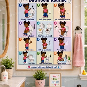 Pode incluir: Um cartaz de parede retangular intitulado Bathroom Routine apresentando doze passos numerados com ilustrações de uma criança demonstrando hábitos de banheiro. O texto inclui instruções e termina com A clean bathroom starts with me!