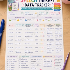 May include: A Speech Therapy Data Tracker document featuring colourful headers, a prompt level guide, an accuracy guide, and a table for tracking dates, target sounds, language goals, accuracy percentages, prompt levels, notes, and home practice.