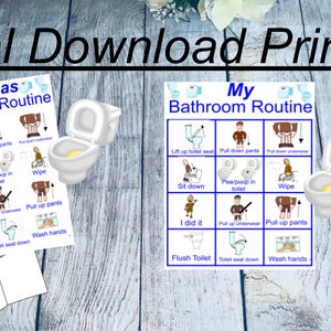 Blauwe badkamerroutine jongens, zindelijkheidstraining plannen, poster beloningskaart, kaarten voor communicatie, interactief, digitale download afdrukbaar