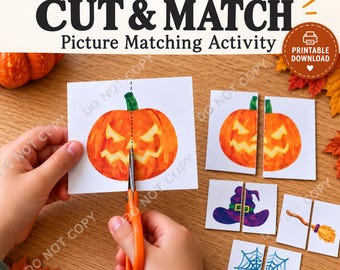 Puede incluir: Una actividad de emparejamiento de imágenes Halloween Cut & Match para imprimir, con tarjetas que muestran ilustraciones de una calabaza, un sombrero de bruja, una escoba y una telaraña. Las tarjetas se cortan con tijeras naranjas.