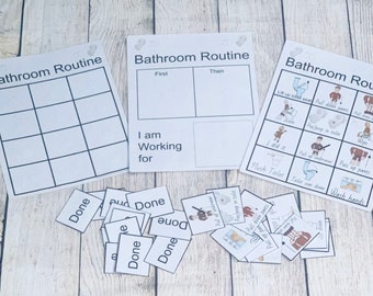 Boy blue bathroom routine, schedule  potty training, reward chart poster, cards for communication, interactive ,digital download printable