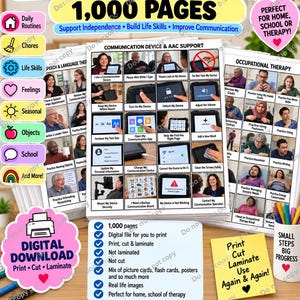 May include: A visual communication bundle featuring 1,000 pages of printable resources for speech and language therapy. The set includes grids with real-life images and text for AAC support, daily routines, chores, and life skills development.