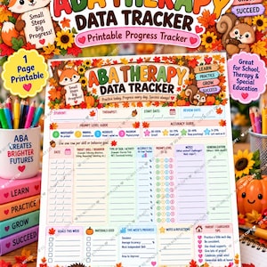 May include: An ABA Therapy Data Tracker printable progress sheet featuring autumn-themed illustrations of a fox, squirrel, and hedgehog. The document includes sections for student, therapist, and date, along with prompt level and accuracy guides.