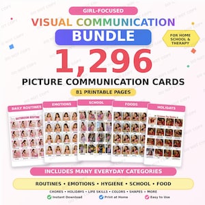 May include: A visual communication bundle featuring 1,296 picture communication cards across 81 printable pages. The set includes categories like daily routines, emotions, school, foods, and holidays, designed for home school and therapy use.