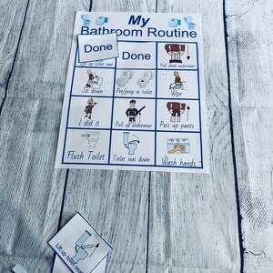 Blauwe badkamerroutine jongens, zindelijkheidstraining plannen, poster beloningskaart, kaarten voor communicatie, interactief, digitale download afdrukbaar (k