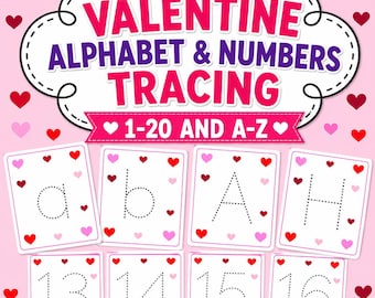Op de afbeelding: Een set educatieve kaarten voor het overtrekken van letters en cijfers. De kaarten hebben een witte achtergrond met rode en roze hartjespatronen. De tekst VALENTINE ALPHABET & NUMBERS TRACING 1-20 AND A-Z staat in een decoratieve wolk.