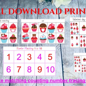 May include: Printable Valentine's Day cupcake themed educational activity sheets for kids. The sheets include cupcake matching, counting, and number tracing activities. The sheets are in pink, red, blue, and brown colors.