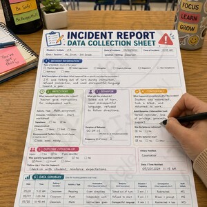 May include: An Incident Report Data Collection Sheet printed on white paper with blue, red, and yellow accents. The form includes sections for incident information, antecedents, behaviors, consequences, outcomes, and a data summary table.