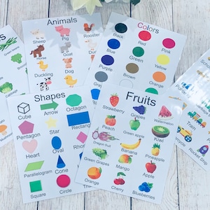 Póster de pared laminado con formas, colores y animales, 6 piezas, decoración para aulas Montessori, aprendizaje, educación en casa para niños pequeños en edad preescolar, centro de maestros.