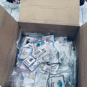 May include: A cardboard box filled with small, clear plastic bags containing flashcards. The flashcards have various illustrations and text labels, including "nails," "tambourine," and "book test." The box is open, revealing the contents.