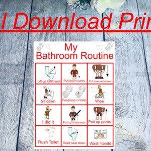 rode badkamerroutine, zindelijkheidstraining plannen, poster beloningskaart, kaarten voor communicatie, interactief, digitale download afdrukbaar