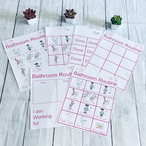 badkamerroutine voor meisjes, zindelijkheidstraining plannen, poster beloningskaart, kaarten voor communicatie, interactief, digitale download afdrukbaar