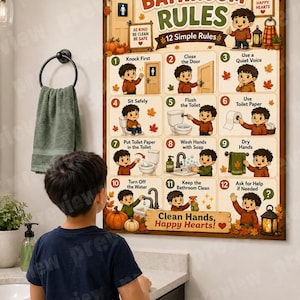 May include: A rectangular wall poster titled Bathroom Rules featuring 12 numbered illustrations of a young boy demonstrating hygiene and etiquette steps. The design includes autumn leaves, pumpkins, and lanterns with the text Clean Hands, Happy Hearts.