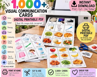 May include: A set of printable visual communication cards featuring grids of real-life images with labels like Rice, Tv, Sneakers, Milk, Toilet, Toothbrush, Green beans, French toast, Grill cheese, Chicken wings, Cantaloupe, and Vegetables.