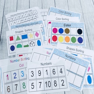 niño pequeño, preescolar, trabajo pesado, números, colores, alfabeto, clasificación de formas, Montessori, hojas de trabajo interactivas Descarga digital imprimible