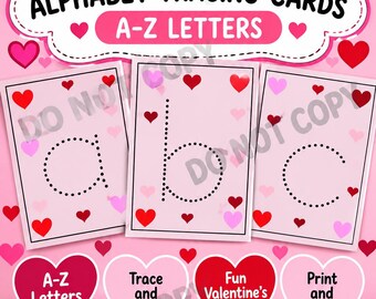 Op de afbeelding: Alfabet-overtrekkaarten voor Valentijnsdag met de letters a, b en c in een gestippeld lettertype op lichtroze rechthoekige kaarten versierd met rode en roze hartjes. De koptekst luidt Valentine's Day Alphabet Tracing Cards A-Z Letters.