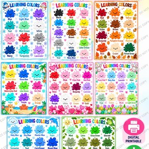 May include: A set of eight printable educational posters titled LEARNING COLORS, featuring various color swatches with smiling faces. Each poster displays different color palettes, including themes like ocean, forest, and floral, with text labels for each color shade.