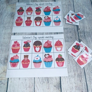 Hojas de trabajo para combinar y clasificar cupcakes para el día de San Valentín, centros de actividades interactivas para preescolares, terapias para maestros, padres, regalos para niños, impresión