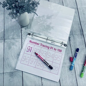 menina rosa número 1-100 traçando caligrafia educação domiciliar centro de professores Montessori presente atividade interativa crianças aluno ocupado trabalho digital pdf