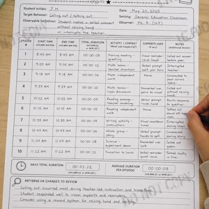 May include: A white behavior duration data tracking sheet with black text and lines. The form includes fields for student initials, date, target behavior, and a ten-row table to record episode start and end times, duration, activity, supports, and notes.