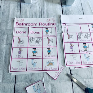 badkamerroutine voor meisjes, zindelijkheidstraining plannen, poster beloningskaart, kaarten voor communicatie, interactief, digitale download afdrukbaar (01