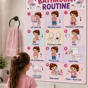 May include: A rectangular wall poster titled Bathroom Routine featuring twelve numbered steps with cartoon illustrations showing a child using the toilet, including lifting the lid, pulling down clothing, wiping, flushing, and washing hands.