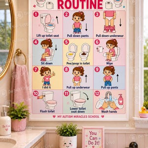 Puede incluir: Un póster de pared rectangular titulado Bathroom Routine que presenta doce pasos numerados con ilustraciones de dibujos animados que muestran a un niño realizando tareas de higiene, como levantar el asiento, bajar la ropa y lavarse las manos.