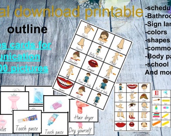 May include: A digital download printable set of black outline picture cards for communication. The cards feature images of body parts, bathroom routines, school supplies, and more. The text on the image reads "Digital download printable Black outline Pictures cards for communication over 400 pictures cards -schedule -Bathroom routine -Sign language -colors -shapes -common words -Body part -school supplies And more"