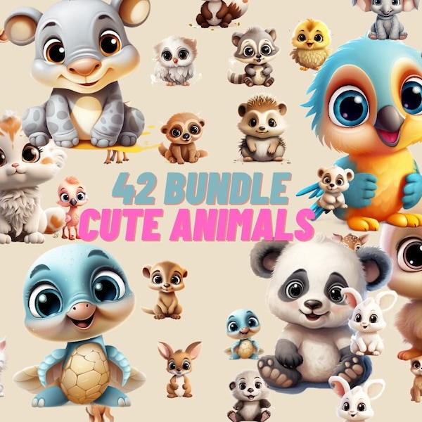 42 Baby Cute Animals Clipart, Digital Crafting, Paper Crafts, Cute Clipart, Instant Download, Safari Clipart, Commertial Use, Journaling