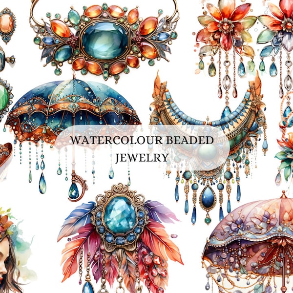 Watercolour Beaded Old Royal Floral Jewelry Clipart - Digital Download - Vintage Accessories Collection - Instant Download - PNG Files