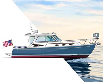 Custom Boat Line Art and Full Color Vector Drawing (Digital File)