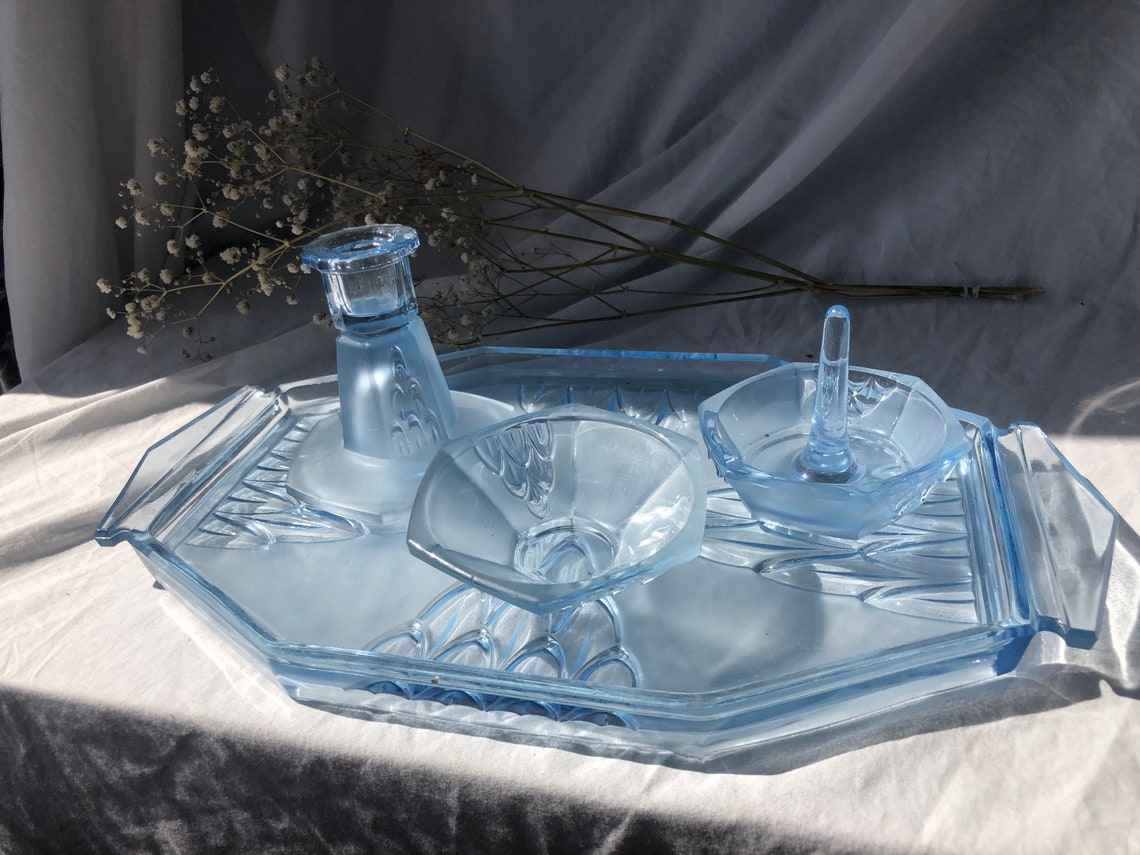 Vintage Blue Glass Dressing Table Set With Candle Holder Etsy UK
