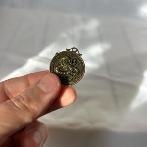 May include: A circular, bronze-toned pendant with a detailed snake motif at its core. The pendant includes a small loop at the top for suspension. The snake is coiled and framed by an elaborate border, suitable for a necklace.