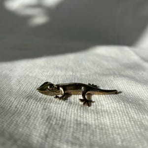 May include: A gold-colored lizard brooch, featuring detailed legs, a tail, and a head with visible eyes. The brooch is set against a white, textured background, with shadows adding depth. The lizard is approximately 2 inches long.