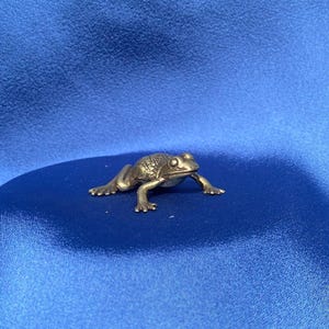 Puede incluir: Pequeña figura de rana de metal detallada con una superficie texturizada. La rana está colocada sobre un fondo de tela azul. La figura tiene ojos visibles y patas extendidas, lo que le da una apariencia realista.