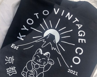 Kyoto Vintage Lucky Cat Black T Shirt