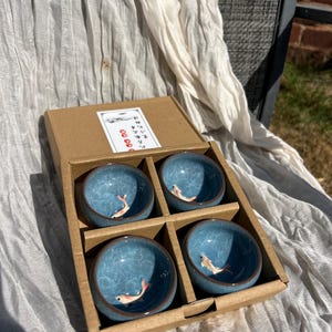Japanese Ceramic Koi Fish Sake Cups Set of 4 – Blue Crackle Glaze – Japanese Sake Ware
