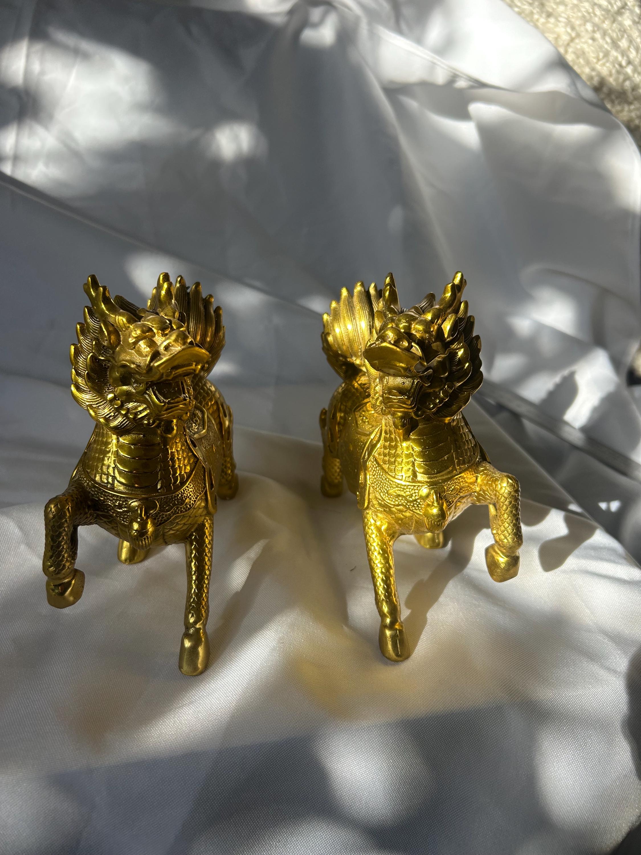 Vintage Pair of Brass Qilin Statues (feng Shui Creatures) Foo Dogs