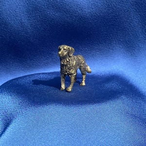 May include: A small, golden-brown metal figurine of a dog standing on a blue background.