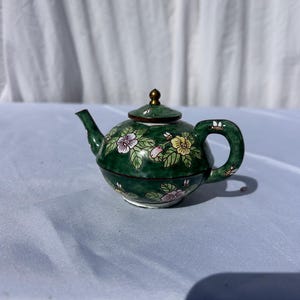 Vintage Miniature Cloisonné Teapot – Green Floral Enamel with Brass Finial