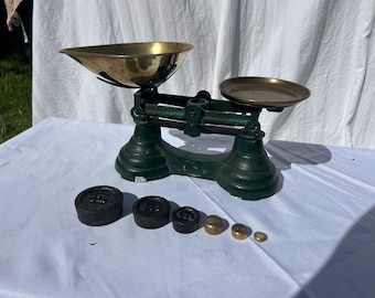 Vintage Cast Iron Balance Scales with Brass Pans and Weights