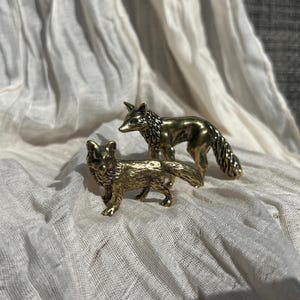 Könnte beinhalten: Zwei kleine Fuchsfiguren aus Messing mit detaillierter Fellstruktur. Ein Fuchs steht in einer leicht erhöhten Position, während der andere tiefer steht. Beide sind nach links ausgerichtet und haben spitze Ohren sowie buschige Schwänze.