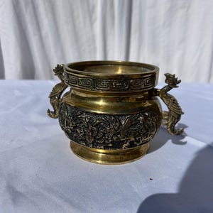 Vintage Chinese Brass Incense Burner – Twin Dragon Handles & Relief Detail