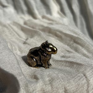 May include: A small, metallic, brass-coloured figurine of a capybara. The sculpture features detailed, etched lines representing fur texture, with a seated posture, rounded ears, and a blunt snout, capturing the animal's characteristic physical form.